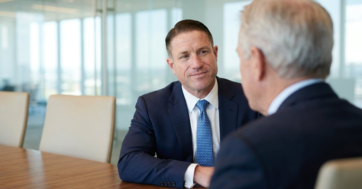 J. Michael in conversation across a boardroom table
