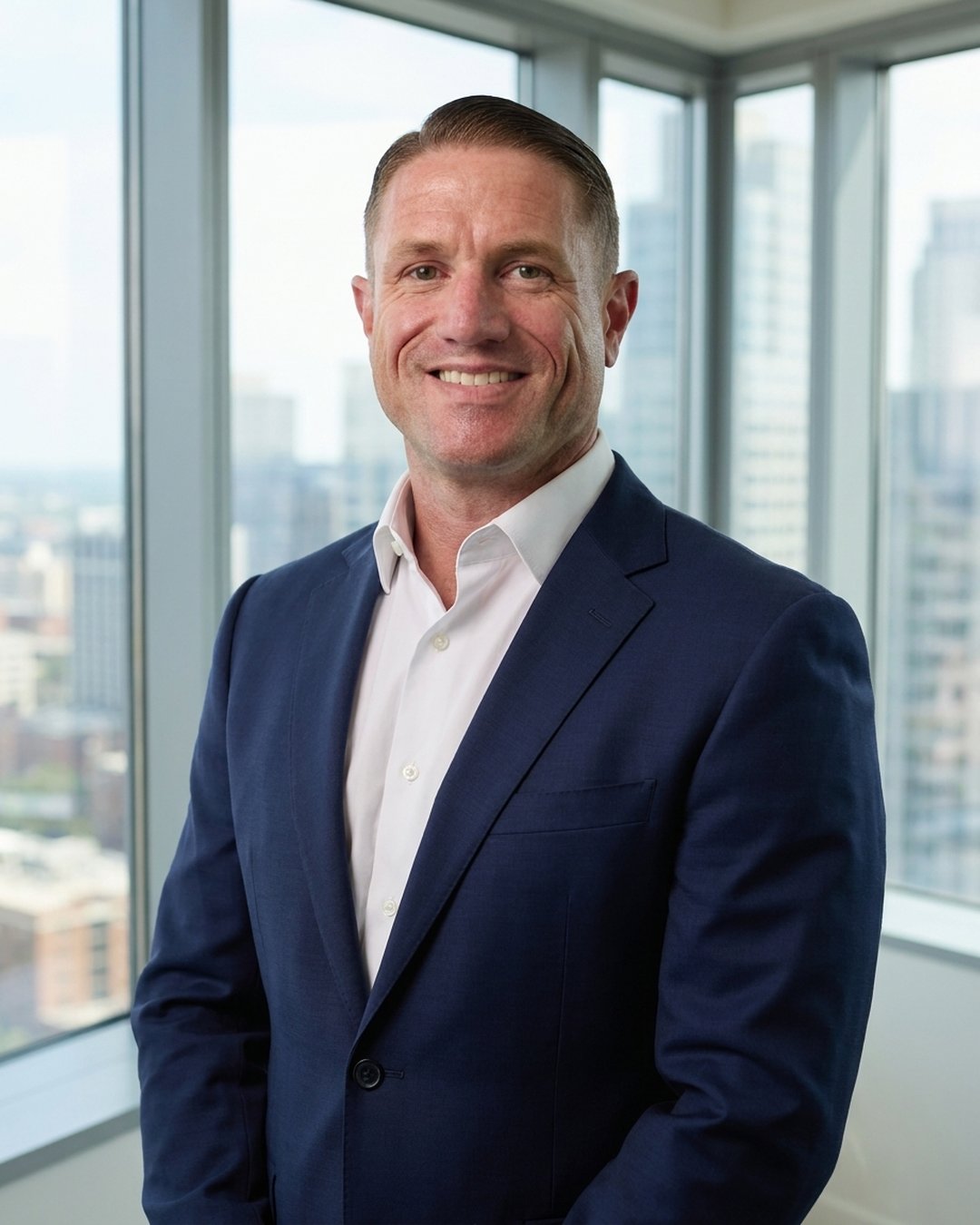 J. Michael Fisher Jr. in a high-rise office above the city